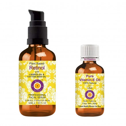 Pure Plant Based Retinol Face Serum with Linseed & Cotton Seed Oil 30ml + Pure Vitamin E Oil 30ml