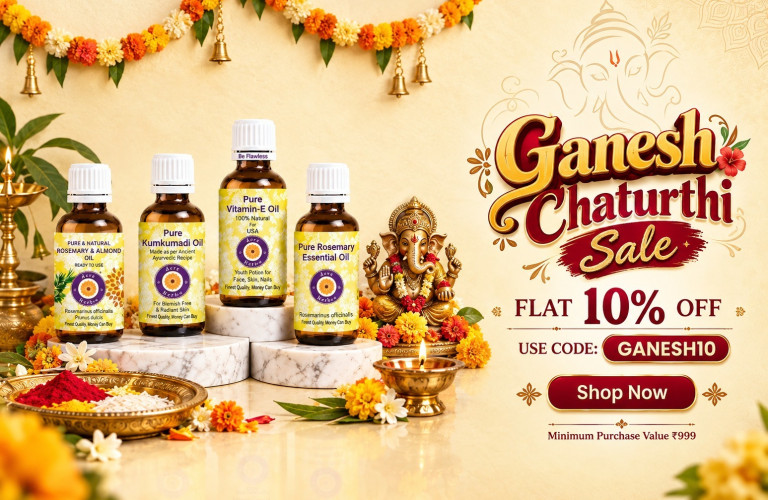 Ganesh Chaturthi Sale banner featuring Ayurvedic oils with 10% off offer