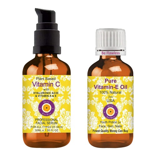 Pure Plant Based Vitamin C Face Serum with Hyaluronic Acid & Vitamin A & E  Oil 30ml + Pure Vitamin E Oil 30ml